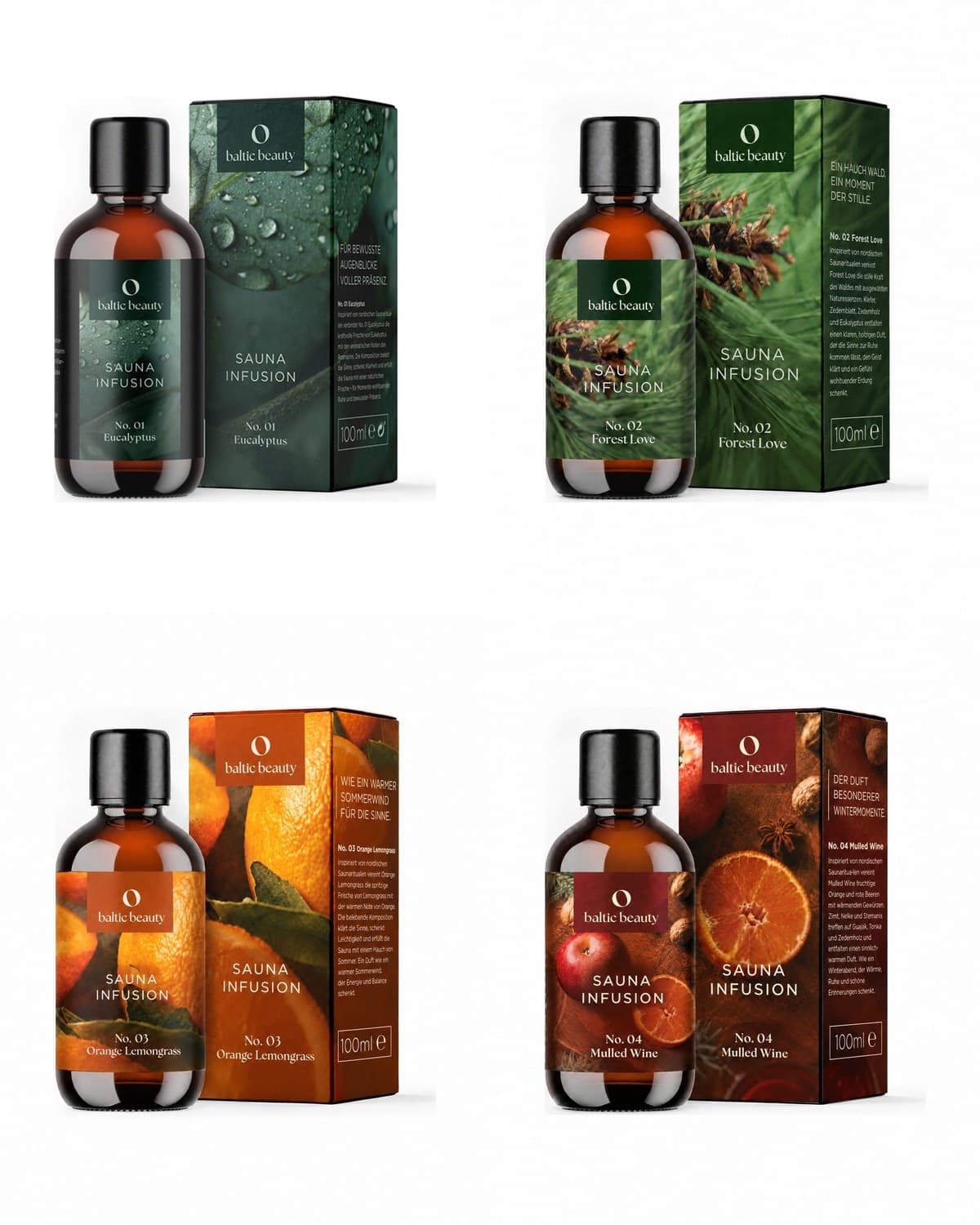 Sauna Infusion No. 01 bis No. 04 – Flaschen mit Faltschachteln